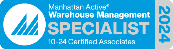A blue and gray badge reading Manhattan Active Warehouse Management Specialist, 10-24 Certified Associates with a stylized triple M logo, “manhattan wms,” and 2024 on the right side.