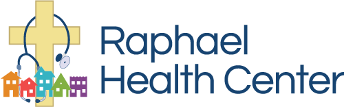 Logo for Raphael Health Center with a large yellow cross, a stethoscope, and colorful house icons on the left—emphasizing care and cybersecurity risk assessment—with "Raphael Health Center" in blue text on the right.