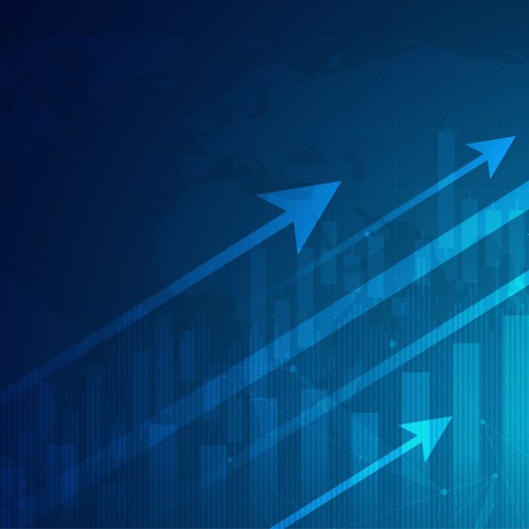 Blue abstract background with upward-pointing arrows and bar graphs, symbolizing growth, progress, and financial success. The glowing lines and bars evoke dynamic movement—perfect for illustrating effective supply chain planning and increasing value.