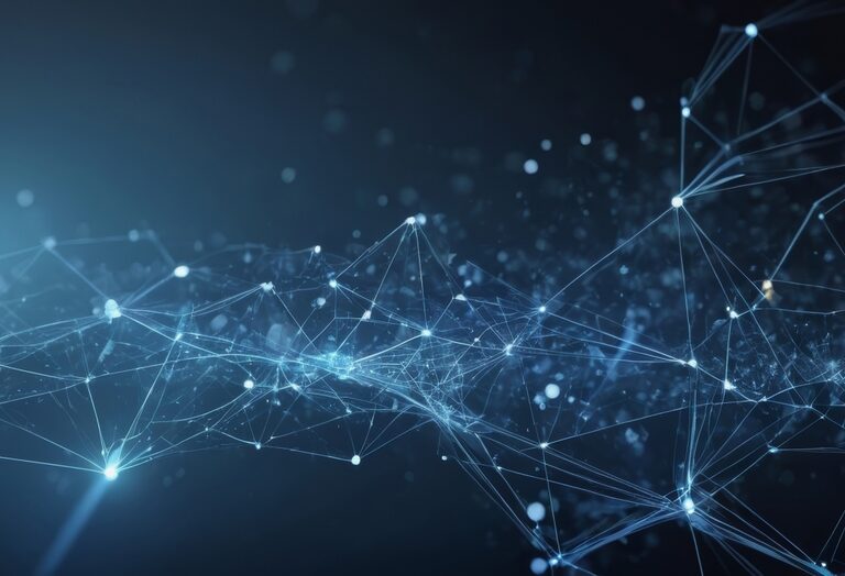 A dark blue abstract background with interconnected glowing lines and dots, resembling a digital or neural network, evokes a futuristic technological feel—much like the rising innovation of Phenix.