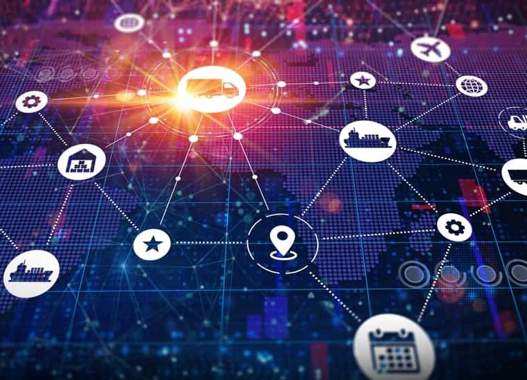 Digital illustration of a global logistics network, featuring icons for transportation, warehouses, and shipping connected by lines over a world map, representing Supply Chain Planning and connectivity in distribution.