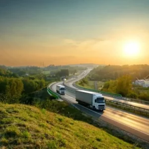 Several cargo trucks drive on a winding highway, showcasing an efficient transportation system surrounded by greenery during sunrise or sunset, with the sun shining brightly in a clear sky.