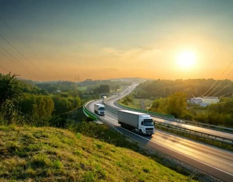 Several cargo trucks drive on a winding highway, showcasing an efficient transportation system surrounded by greenery during sunrise or sunset, with the sun shining brightly in a clear sky.