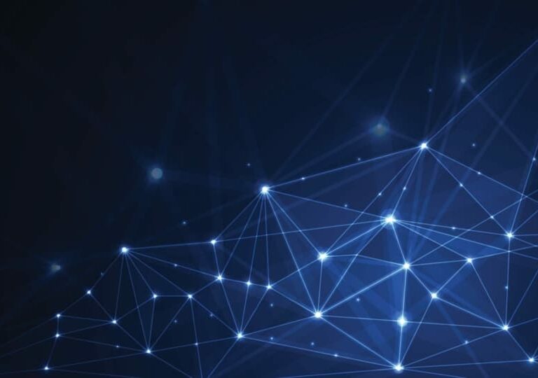 Abstract digital background showing a network of interconnected glowing blue lines and points, resembling a web or constellation against a dark backdrop.