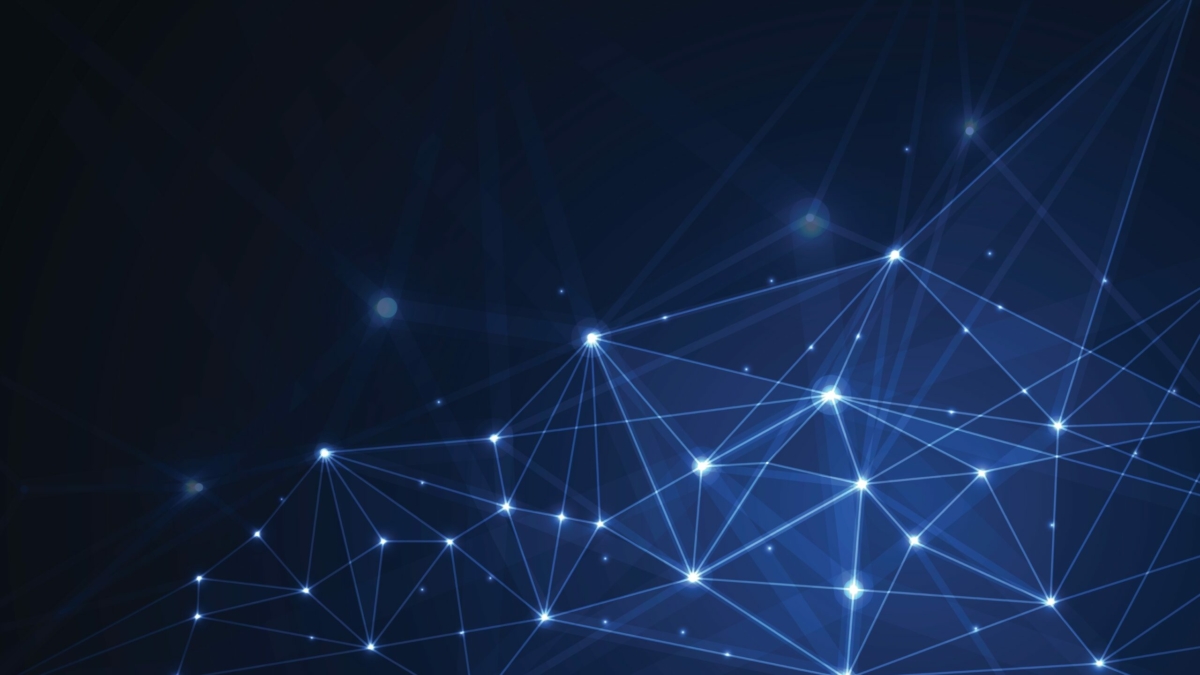 Abstract digital background with interconnected glowing blue points and lines forming a network pattern on a dark gradient backdrop, representing technology or data connections.