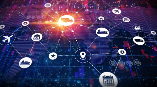 A digital illustration showing a world map with interconnected icons representing logistics, such as trucks, planes, ships, warehouses, locations, and calendars, symbolizing global supply chain and transportation networks.