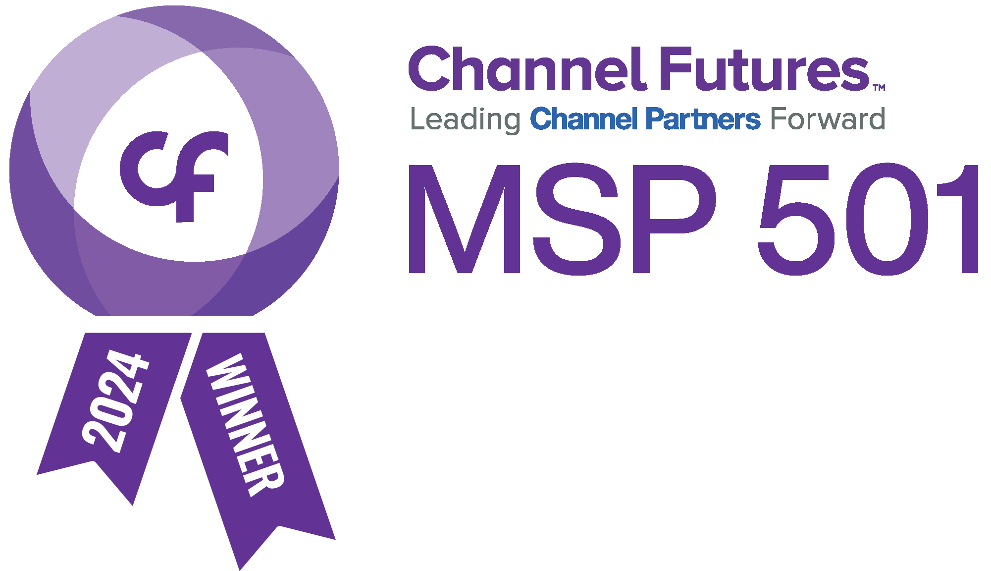 A purple ribbon with cf in the center and 2024 WINNER on the tail, next to the text Channel Futures MSP 501 Leading Channel Partners Forward.