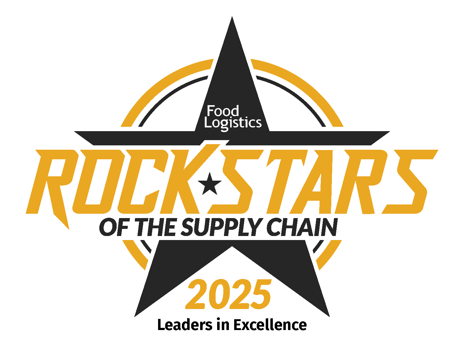 Logo with a black star and gold circles. Text reads: Food Logistics ROCK STARS OF THE SUPPLY CHAIN 2025 Leaders in Excellence.