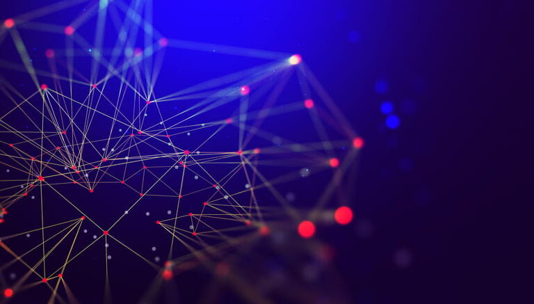 Abstract network of interconnected glowing lines and dots forming geometric shapes on a dark blue and purple background, representing digital connections or ERP data visualization.