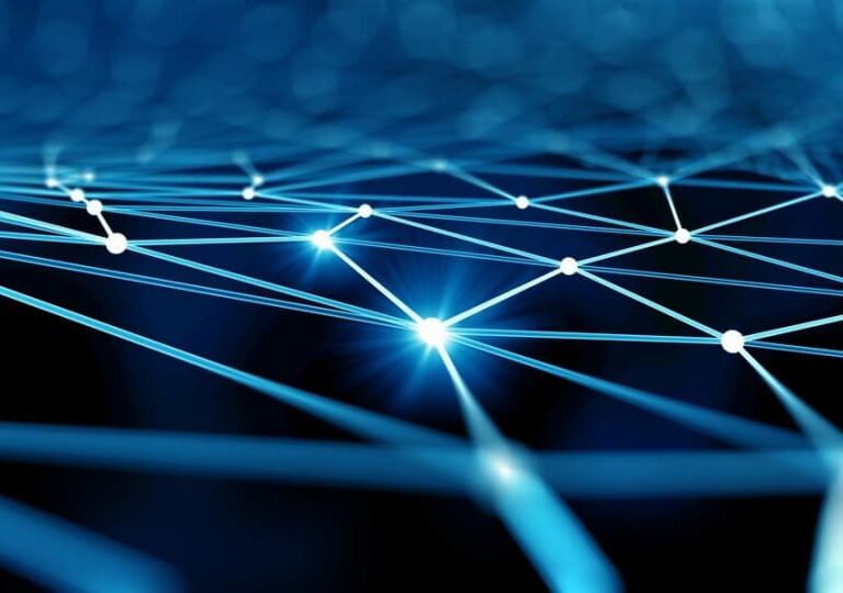 A digital network of glowing blue lines and nodes against a dark background, symbolizing connectivity and data exchange. The image has a futuristic and abstract appearance.