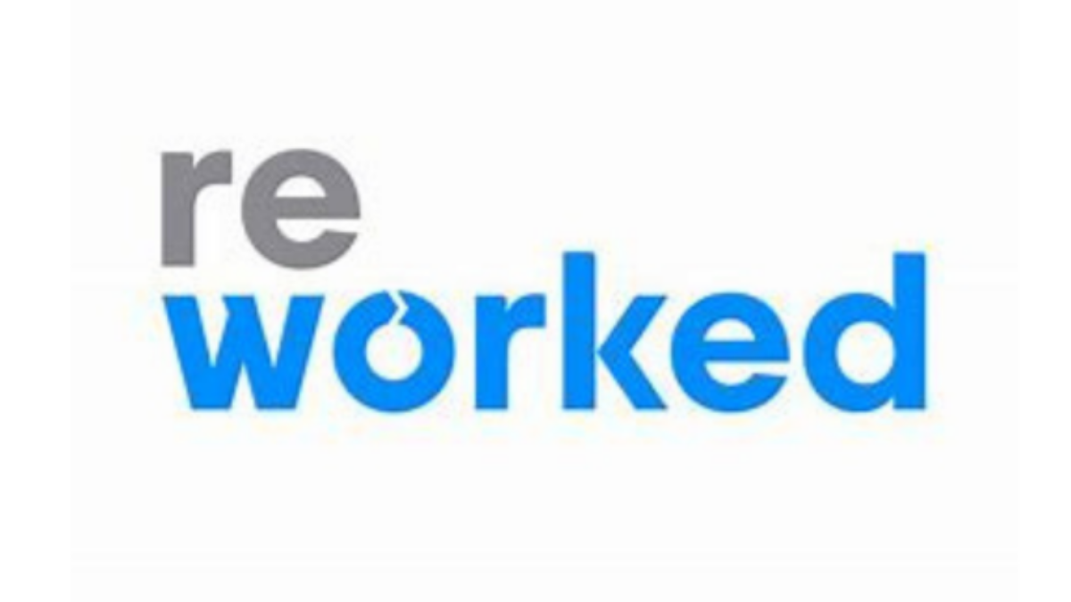 The image shows the word reworked with re in gray and worked in blue. The o in worked is stylized with a small gap at the top, resembling a refresh or recycle symbol. The background is white.