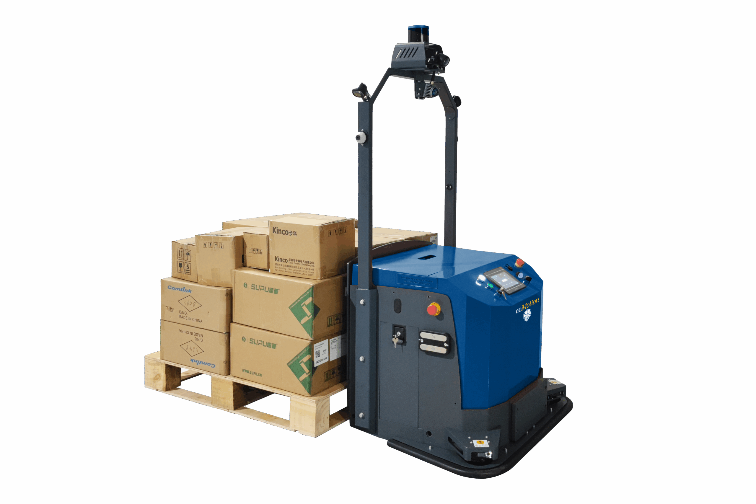 A blue automated guided vehicle (AGV) showcases material handling automation as it transports a wooden pallet stacked with cardboard boxes, set against a plain white background.