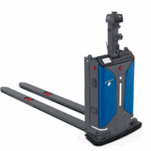 A modern automated guided vehicle (AGV) forklift with long metal forks, a blue and black body, control panel, and sensors on top, designed for material handling and warehouse automation with RAAS efficiency.