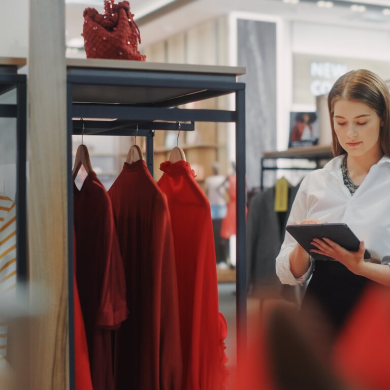 A woman in a white blouse stands in a brightly lit, modern clothing store, holding a tablet and appearing to check inventory—possibly reviewing oms rfp details. Red dresses and other clothes hang on racks around her.