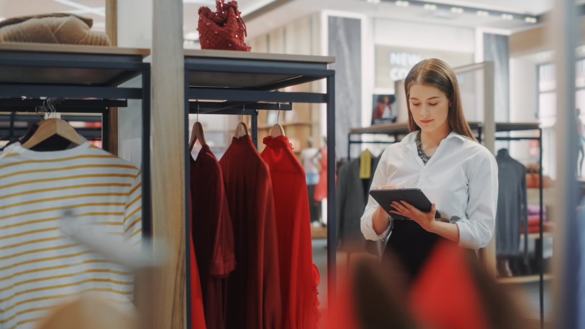 A woman in a white blouse stands in a brightly lit, modern clothing store, holding a tablet and appearing to check inventory—possibly reviewing oms rfp details. Red dresses and other clothes hang on racks around her.