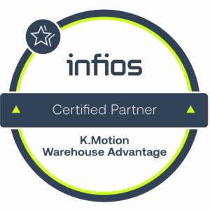 A circular badge featuring the infios logo, a star icon, and the text: Certified Partner K.Motion Warehouse Advantage with körber wms on a dark and lime green background.