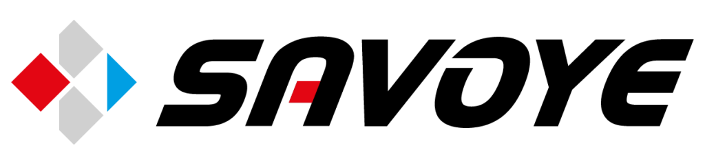 Logo featuring the word SAVOYE in bold, black stylized letters with a red accent, and three diamond shapes—gray, red, and blue—arranged to the left of the text, showcasing a modern design ideal for RAAS solutions.