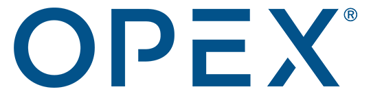 The image shows the OPEX logo in bold, blue capital letters on a light gray background, with a registered trademark symbol above the letter X, highlighting its connection to innovative RAAS solutions.