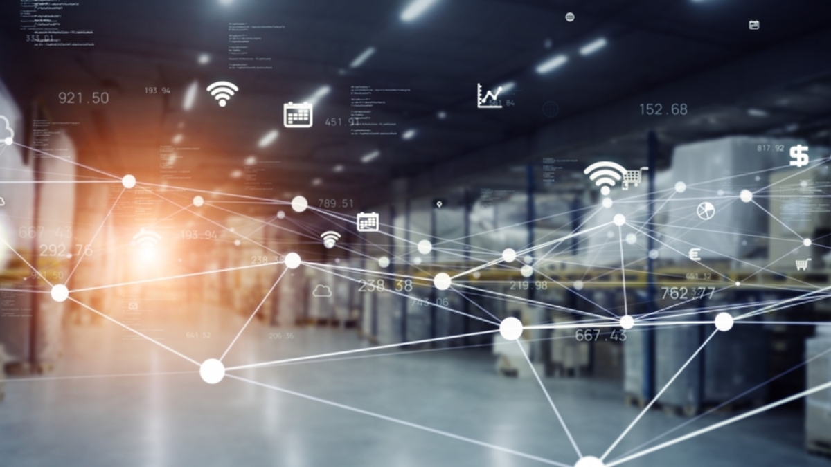A warehouse interior with shelves and boxes, overlaid with digital network icons, representing logistics, data connectivity, and illustrating what is supply chain strategy in smart management.