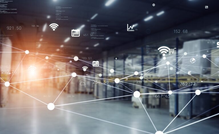 A warehouse interior with shelves and boxes, overlaid with digital network icons, representing logistics, data connectivity, and illustrating what is supply chain strategy in smart management.