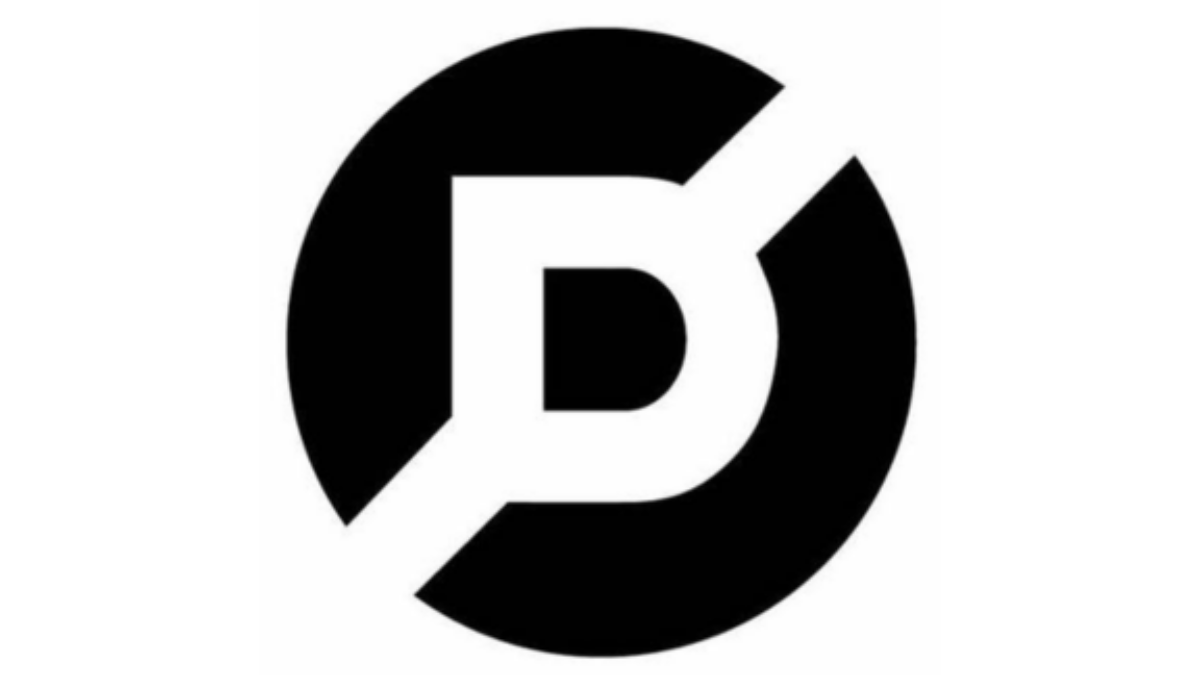 A bold black letter D is centered within a black circle, intersected diagonally by a white band from the top-right to bottom-left. The background is white, creating a striking TMS-inspired emblem.