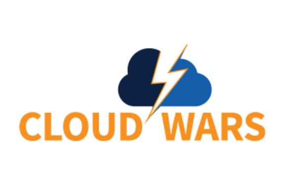 Logo with a dark and light blue cloud split by a white and yellow lightning bolt, above the orange text CLOUD WARS on a white background, symbolizing the power of warehouse automation in streamlining modern operations.
