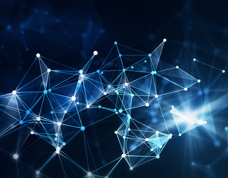 Abstract image of interconnected lines and glowing nodes forming a network on a dark blue background, visually symbolizing technology, data flow, or the complexity of developing an effective supply chain strategy.
