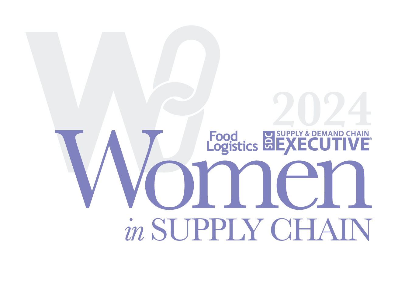 Logo for the 2024 Women in Supply Chain award by Food Logistics and Supply & Demand Chain Executive, featuring large, stylized text in purple and gray—perfect for inspiring leaders in enVista Careers.