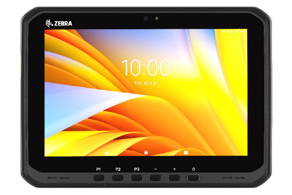 A rugged Zebra tablet, built for mobile & edge technology, displays a bright yellow and orange abstract wallpaper with the time 10:00 and date Thu, May 12 on the screen. Several physical buttons are visible below the display.