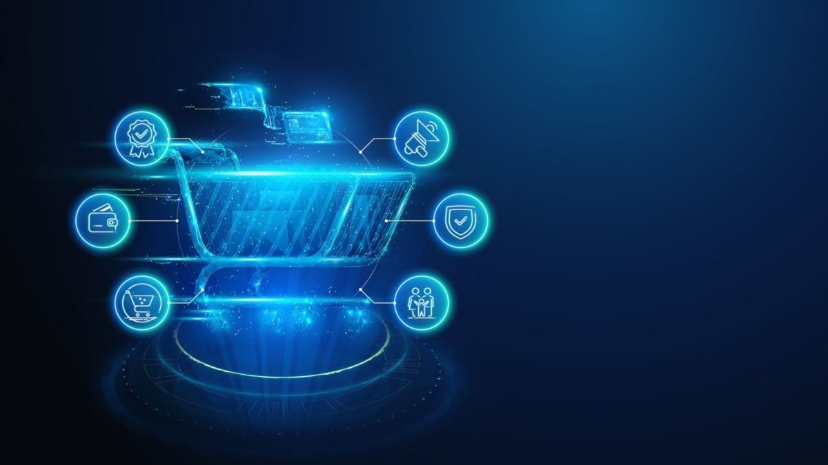 A glowing digital shopping cart surrounded by floating icons, including a certificate, megaphone, shield, group of people, payment card, and an online shopping symbol, illustrates supply chain optimization against a dark blue background.