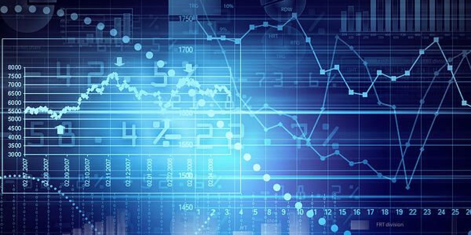 A digital graphic featuring various financial charts, graphs, and data visualizations with blue tones, including line graphs, bar charts, numerical data, and grid overlays, representing financial market analysis.