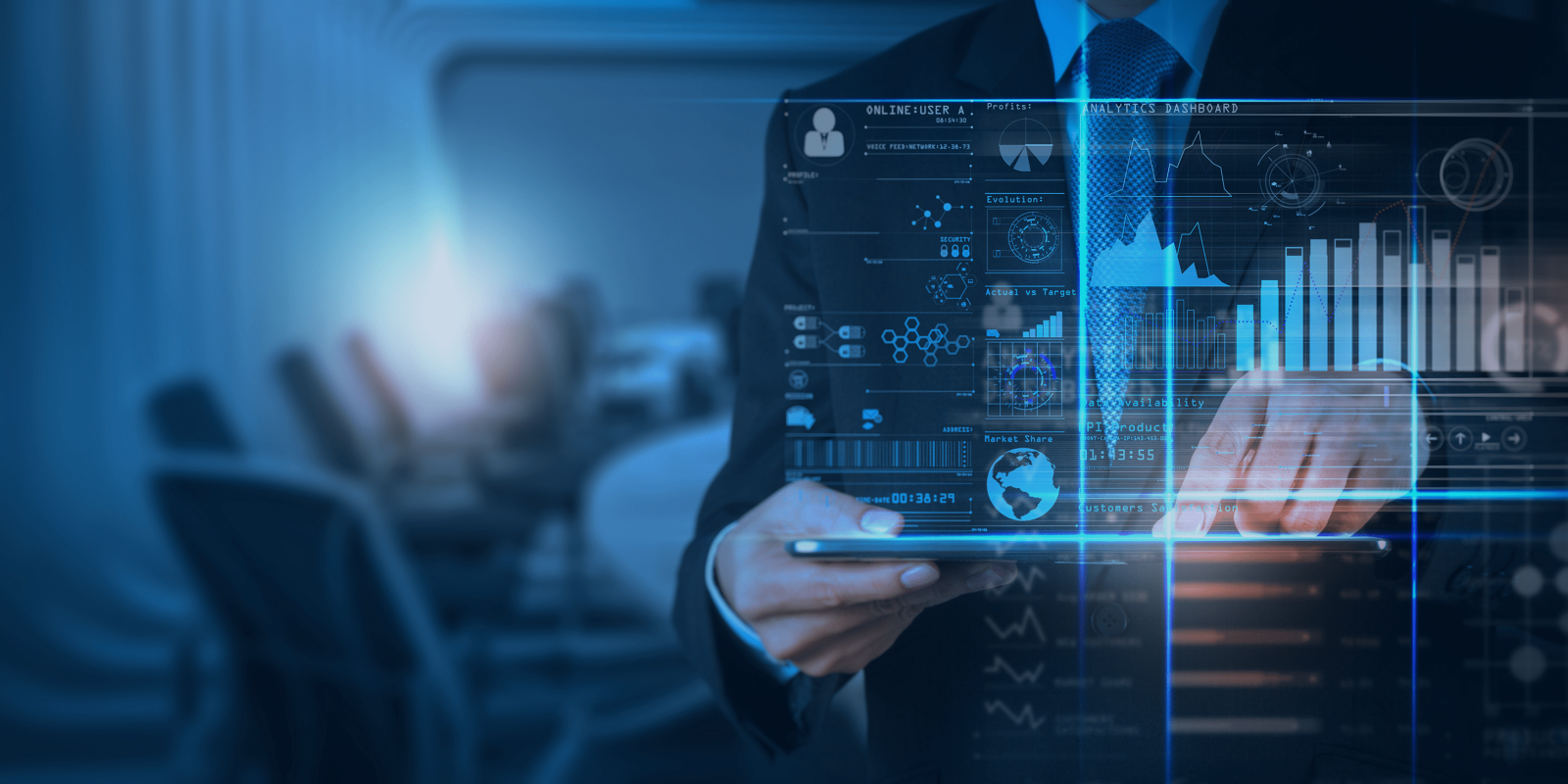 A person in a suit uses a tablet, with futuristic digital graphs, charts, and data projections overlaying the image, suggesting advanced technology and data analysis in a business setting.