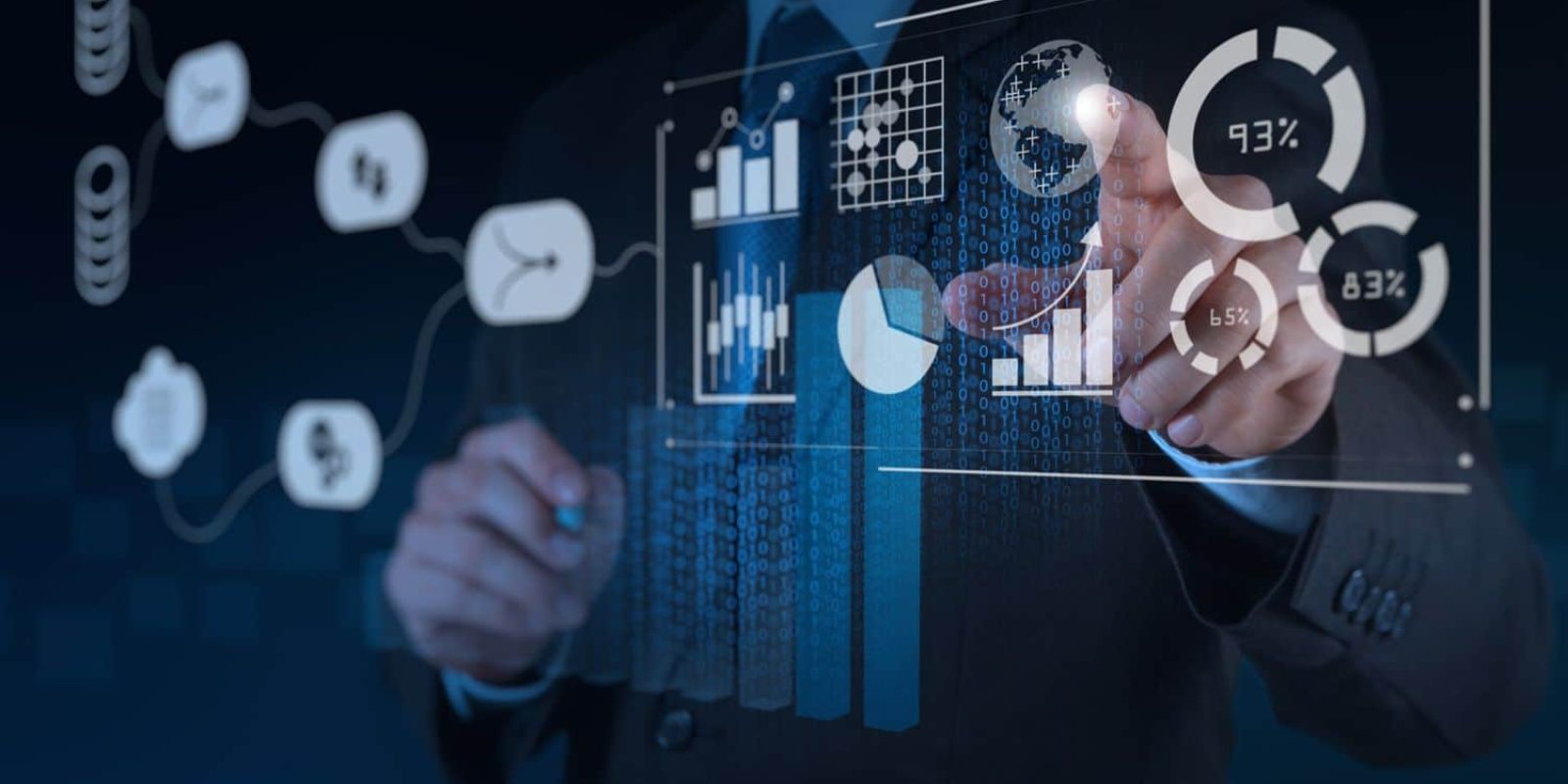 A person in a suit interacts with virtual data visualizations, including charts, graphs, and circular progress indicators, representing digital analytics and business intelligence on a transparent screen.