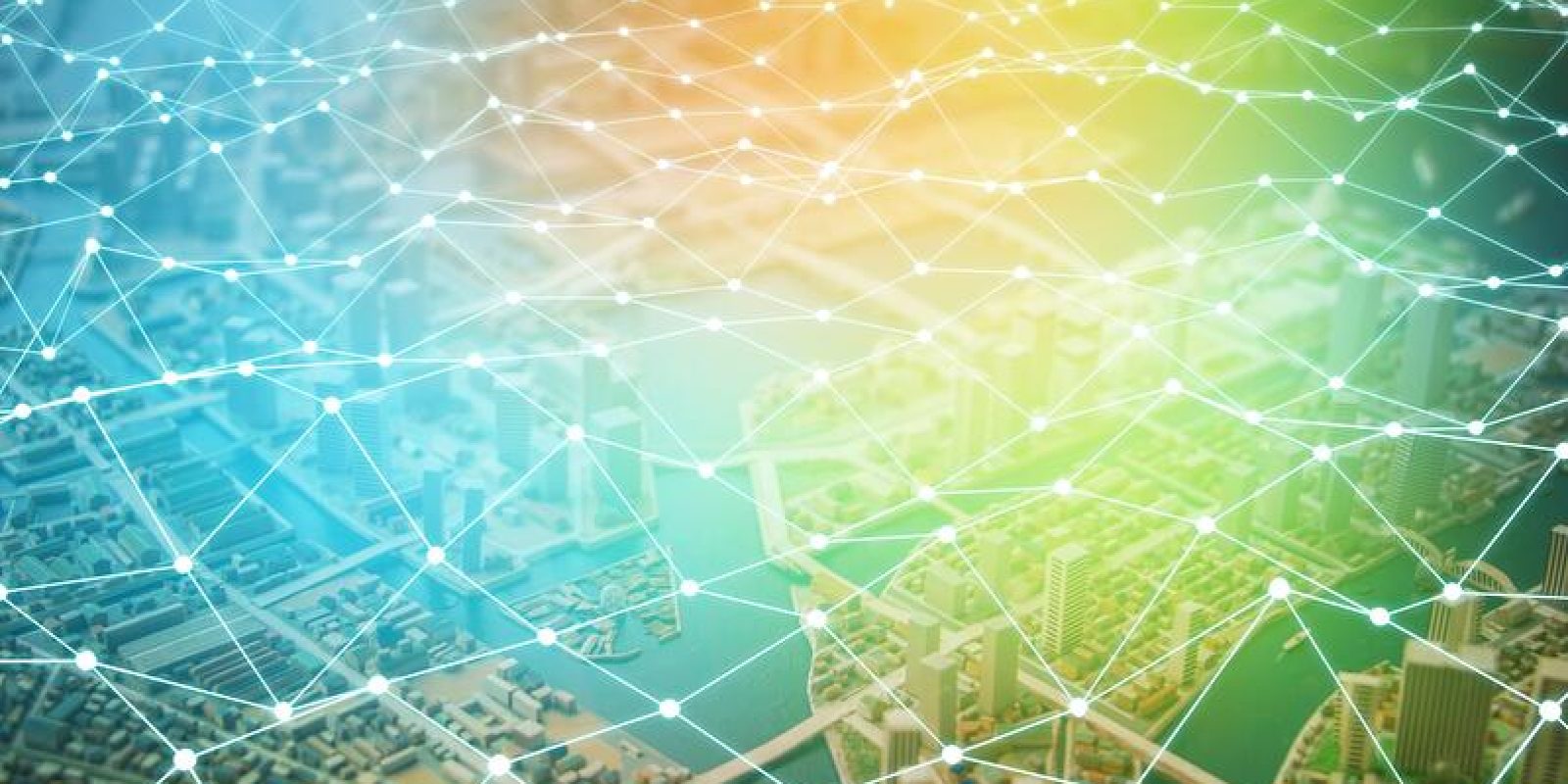 A digital illustration of a city landscape overlaid with a glowing network of interconnected lines and dots, symbolizing connectivity or smart city technology in the retail supply chain, set against a gradient blue to yellow background.