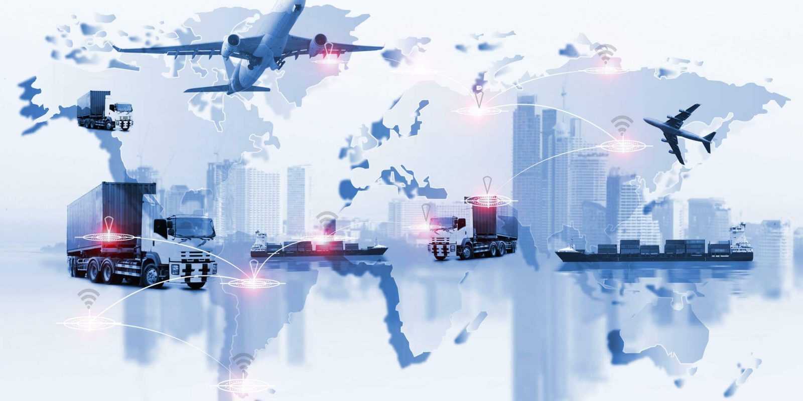 A world map with digital icons and images of trucks, planes, cargo ships, and containers, symbolizing global logistics and transportation networks and supply chain network design, overlaid on a city skyline.