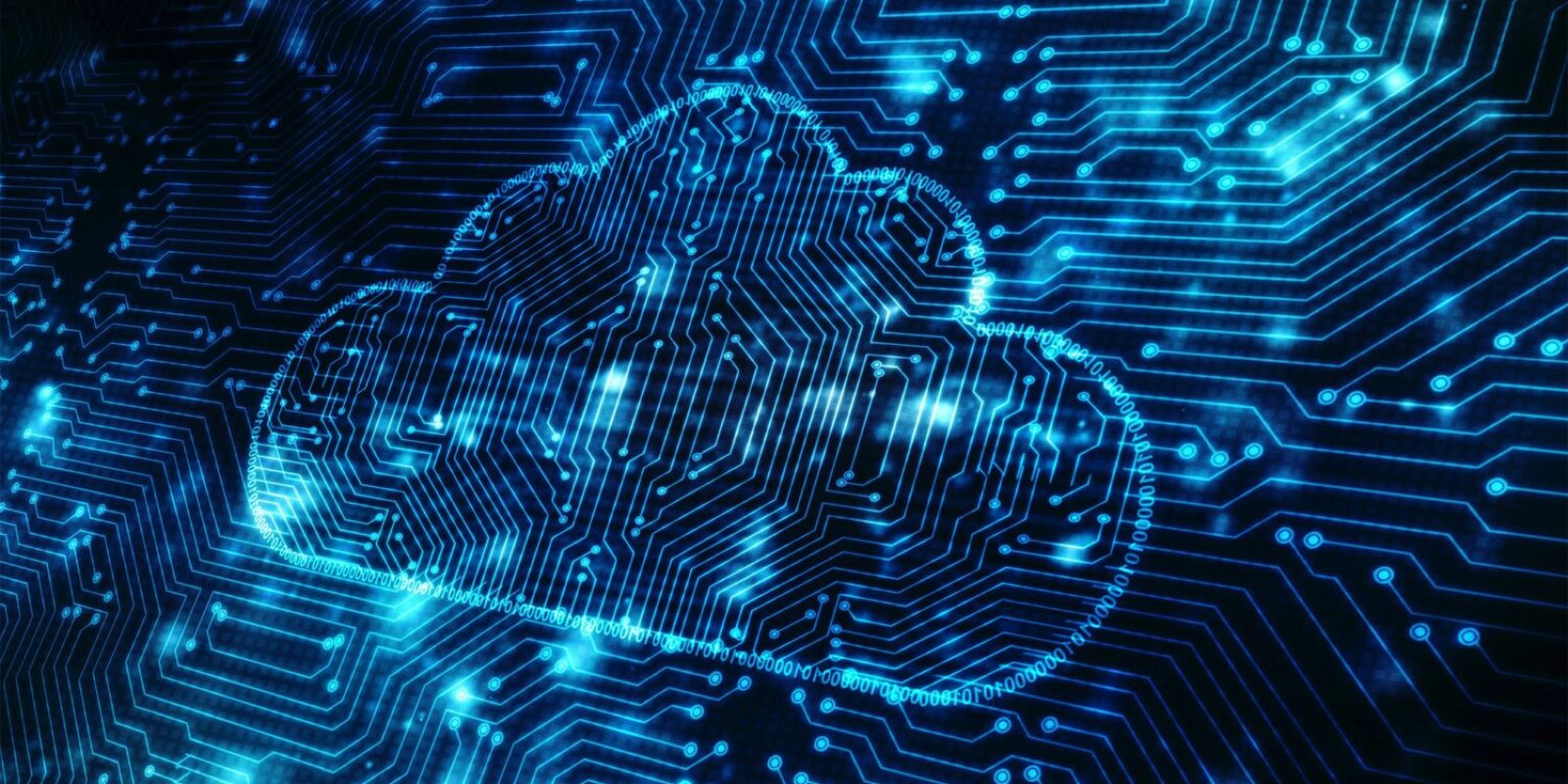 A glowing cloud icon is integrated into a circuit board pattern, symbolizing cloud computing, managed services, and digital technology, with blue lights and lines representing data connections and electronic circuits.