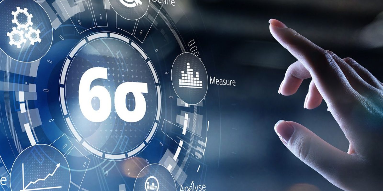 A hand reaches toward a digital interface displaying the Six Sigma symbol, surrounded by icons and terms like Define, Measure, and Analyze, representing key steps in Six Sigma and Lean Process Improvements methodology.