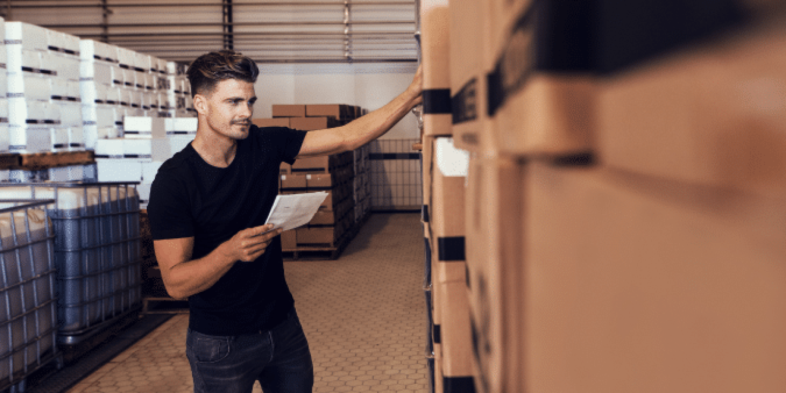 A man in a warehouse holds a clipboard and inspects stacked boxes, appearing to check inventory. He wears a black t-shirt and jeans, and the warehouse has hexagonal floor tiles and metal shelving.