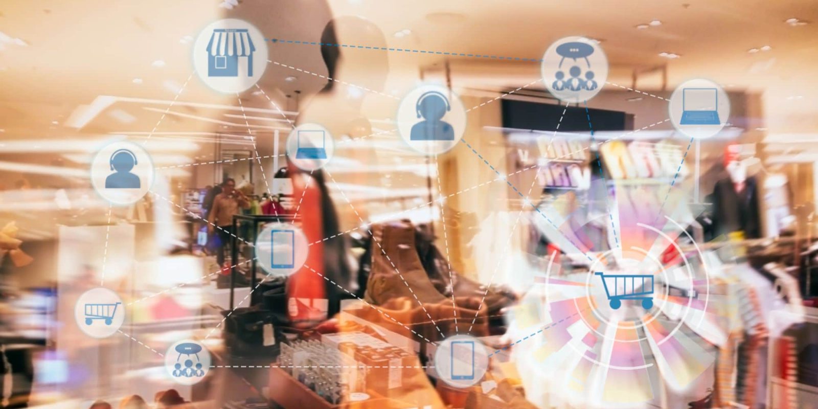 A blurred clothing store interior with digital icons—shopping cart, store, smartphone, and people—connected by lines to represent online shopping, digital retail technology, and enhanced inventory visibility.