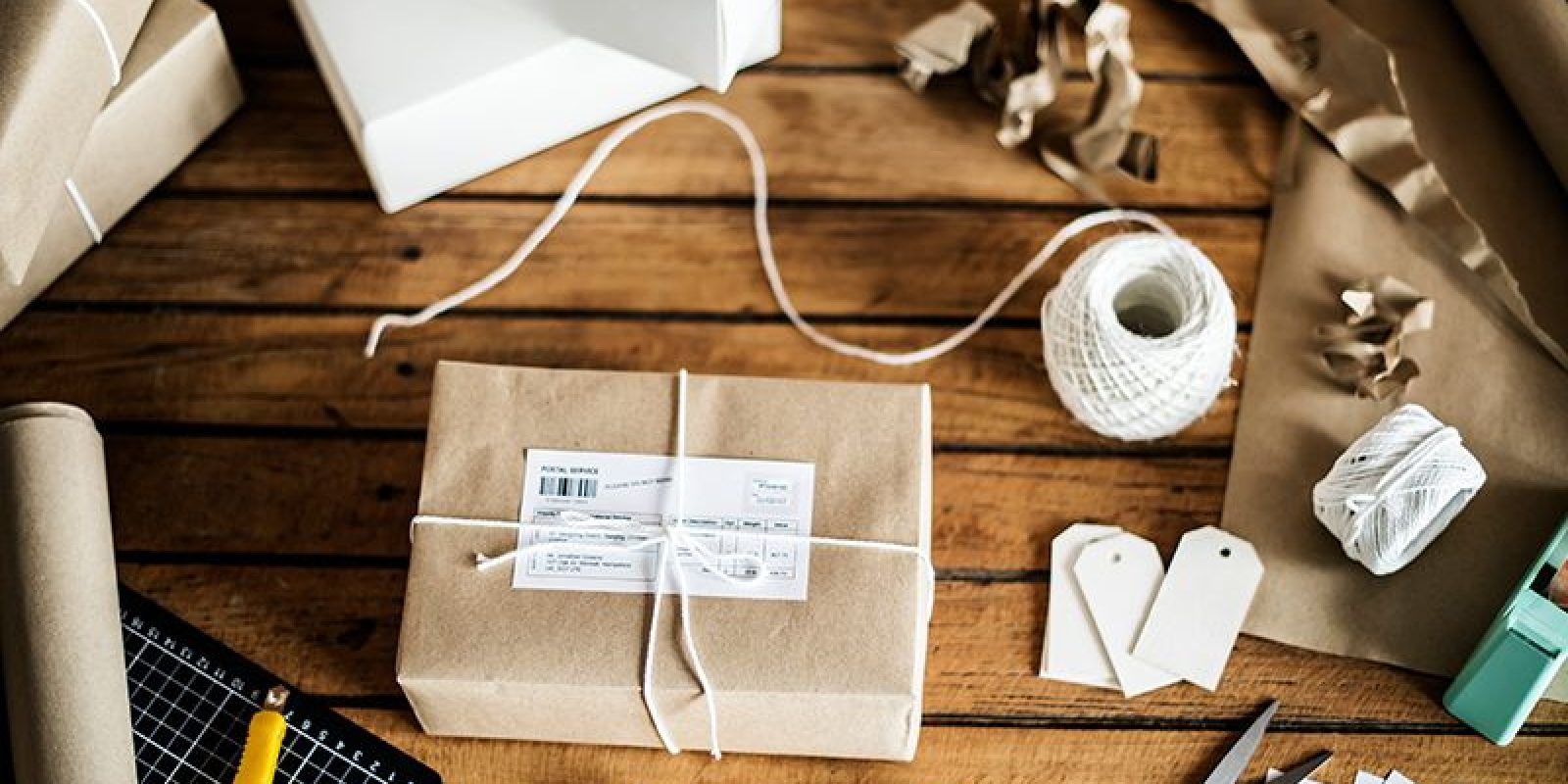 A wooden table with a parcel wrapped in brown paper and white string, surrounded by packing materials, scissors, shipping labels, blank tags, a utility knife, a ruler, tape, and white boxes.